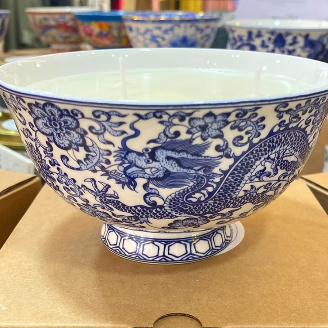 CANDLE: Blue and White Dragon Bowl