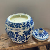 CANDLE: Floral Blue and White Teabox-Mui Wo scent (pointy lid)